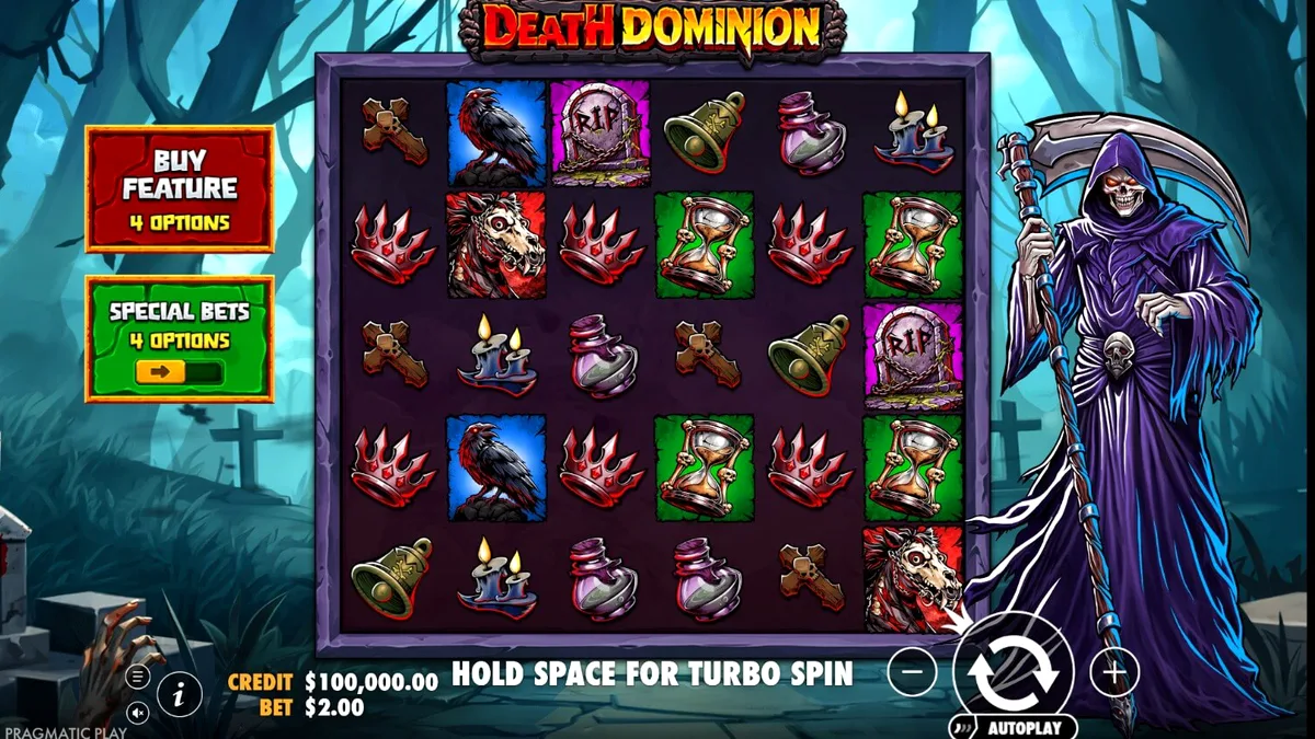 Death Dominion slot machine interface na may gothic na disenyo at Grim Reaper theme